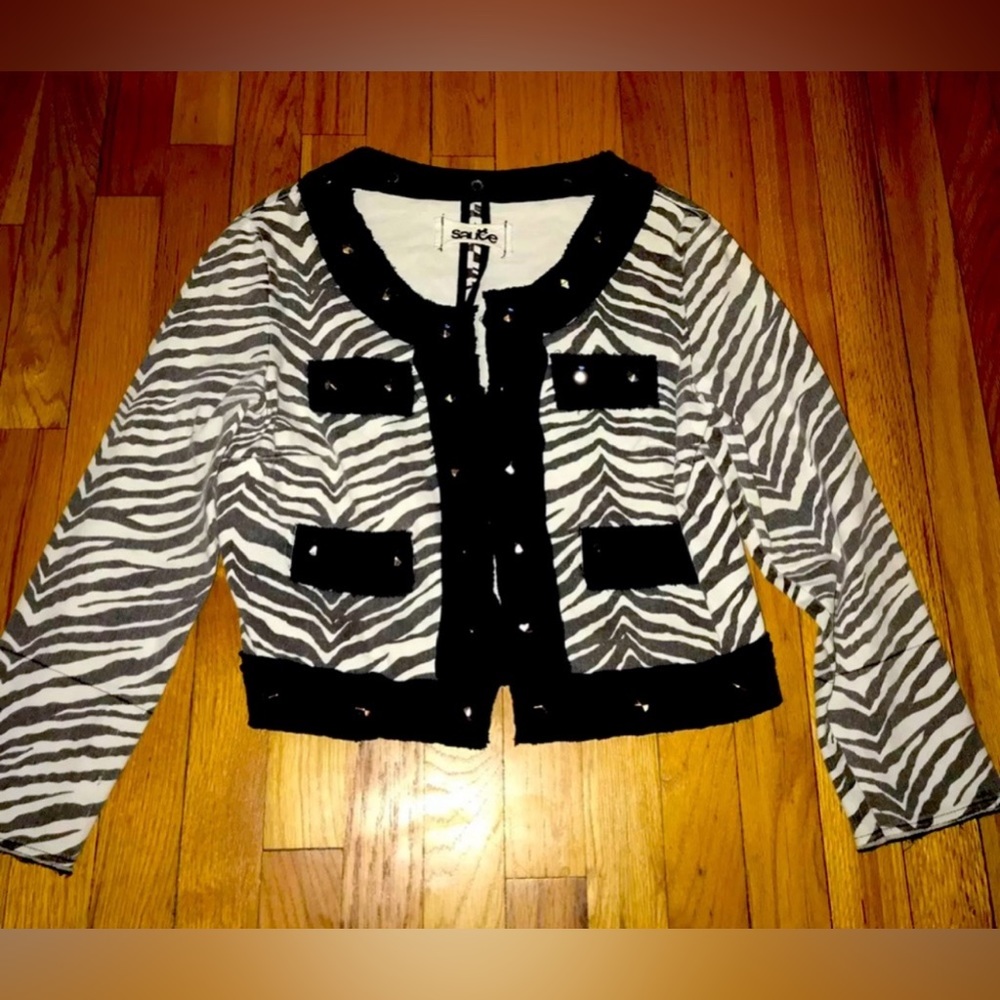 Sauce Zebra Zoo Black White Animal Pattern Studded Crop Punk Rock Jacket Blazer